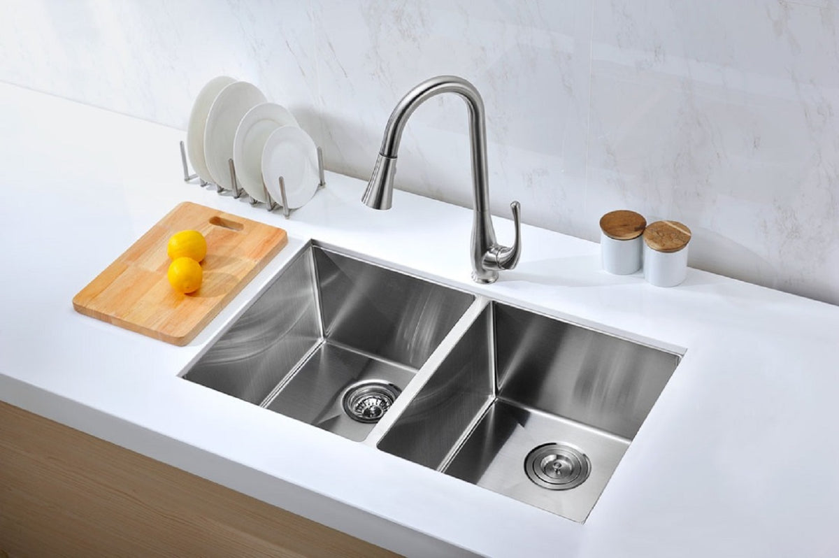 32-1/2 in. 50/50 Low Divider Stainless Steel Kitchen Sink & Low Profile  Faucet - Bed Bath & Beyond - 20631604