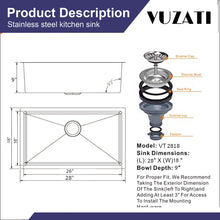 Load image into Gallery viewer, Vuzati 28" L X 18" W Undermount Stainless Steel Kitchen Sink - Stainless Steel Undermount Sink - Deep Single Bowl Sink Basin - Basket Strainer