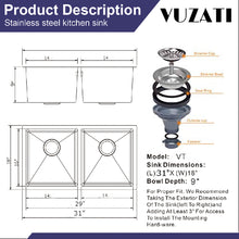 Load image into Gallery viewer, Vuzati 31&quot; L x 18&quot; W Undermount Stainless Steel Kitchen Sink - Stainless Steel Undermount Sink - Deep Double Bowl 50/50 Sink Basin - Basket Strainers
